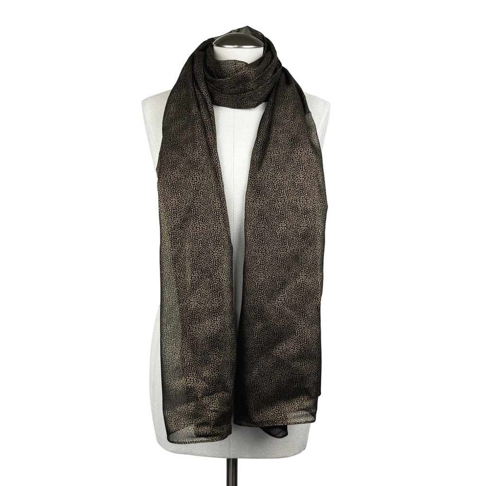 Michael Kors Metallic Gold Leopard Print Sheer Black Scarf Wrap Logo Tag 80x26